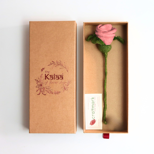 Handcrafted pink crochet rose flower arranged in a premium gift box, a forever flower gift handmade by women artisans at The Kalaa Store.