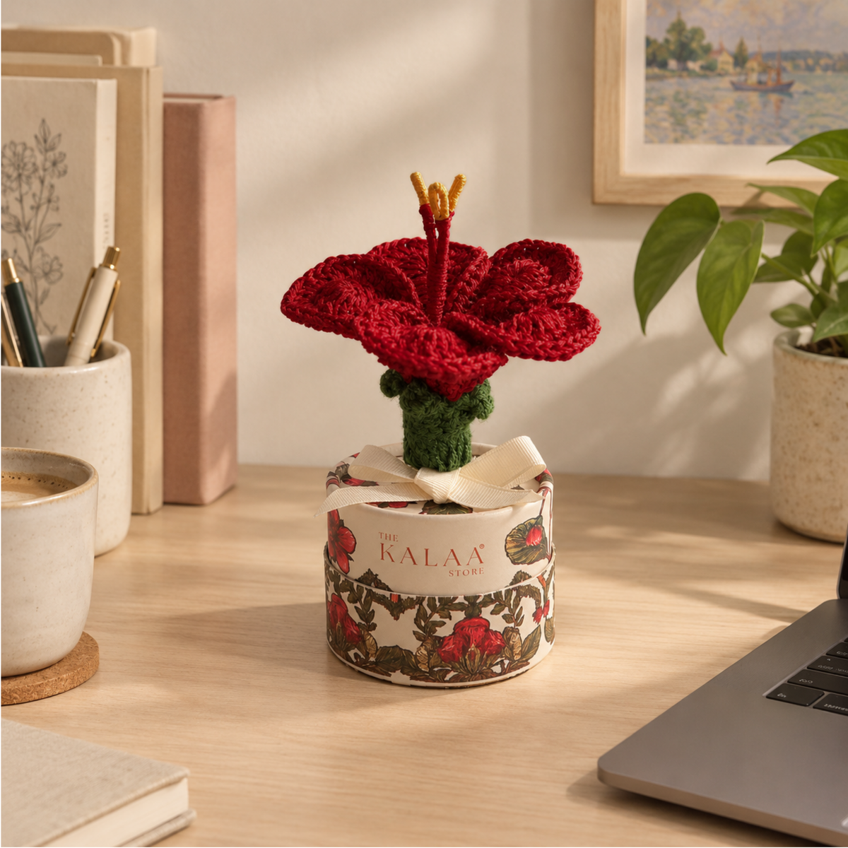 Handcrafted hibiscus crochet flower by The Kalaa Store, featuring detailed yarn petals