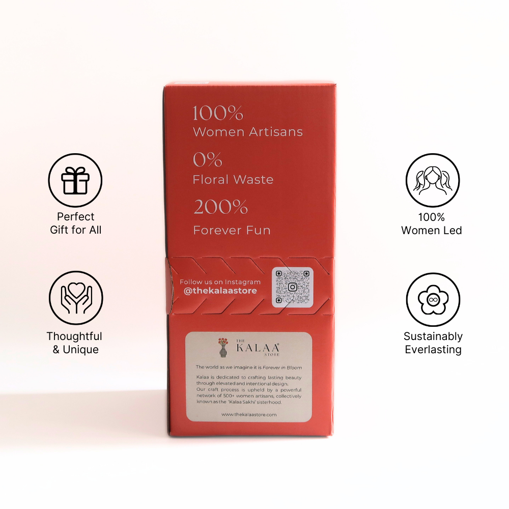 Red box with branding and sustainability claims on a white background