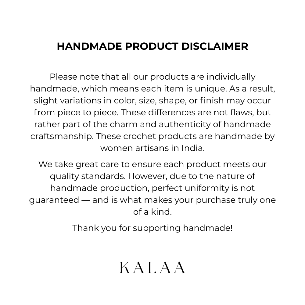 Handmade product disclaimer text with 'KALAA' branding on a white background