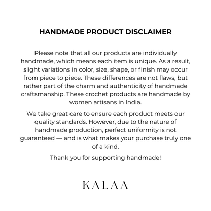 Handmade product disclaimer text with 'KALAA' branding on a white background