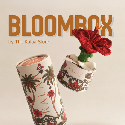 Unique crochet flower gift from The Kalaa Store, featuring a handcrafted hibiscus BloomBox